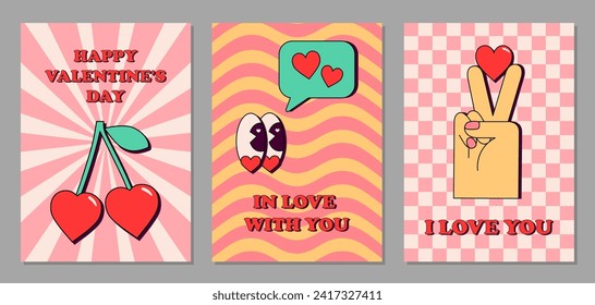 
Set of Valentine's Day cards in retro groovy style. Cherries in shape of heart, eyes and speech bubble with hearts, hand with heart. Rectangular templates, posters, wall art on checkered and striped 