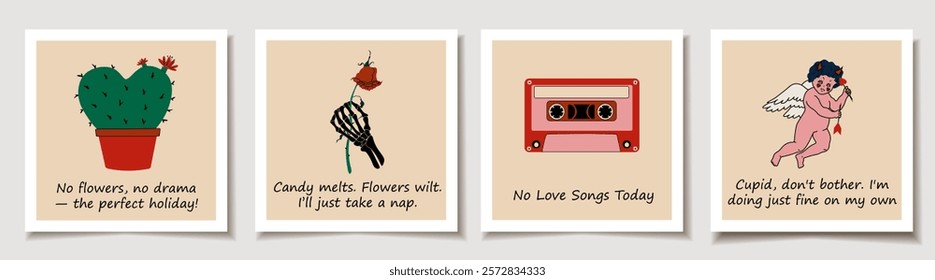 Set of Valentine's day cards. Retro stickers. . Anti Valentine's day concept. Sarcastic captions