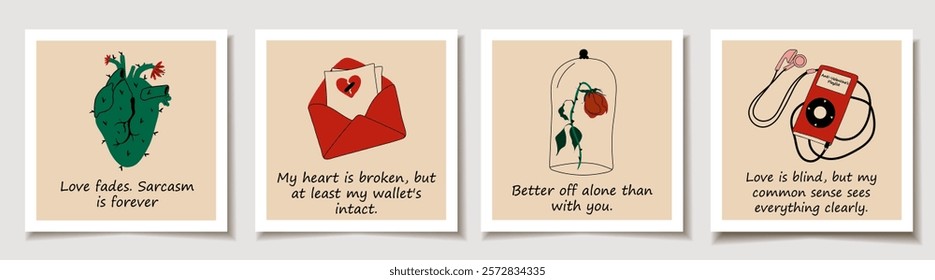 Set of Valentine's day cards. Retro stickers. . Anti Valentine's day concept. Sarcastic captions