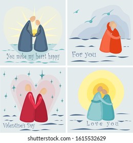 Set of Valentine's Day cards. Romantic lettering. Greeting cards, gift cards with the image of a couple in love. Vector, illustration.