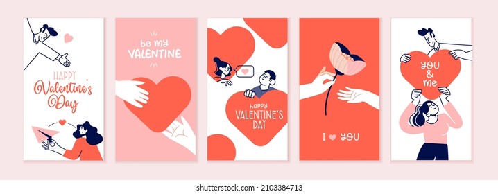 Juego de tarjetas de San Valentín. Tarjetas románticas y mensajes para todos los amantes o para los que se convertirán. Ilustraciones vectoriales para tarjetas de felicitación, fondos, banners web, banners de medios sociales, marketing.