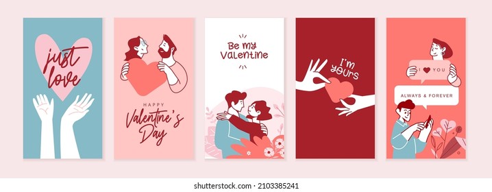 Set of Valentines day cards. Romantic cards and messages for all lovers or those who will become. Vector illustrations for greeting cards, backgrounds, web banners, social media banners, marketing.