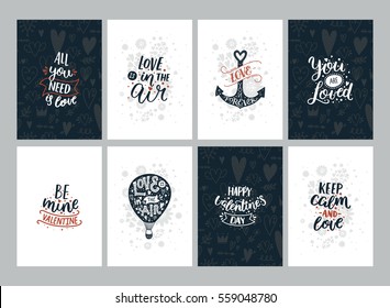 Set of Valentines Day cards with Romantic quotes, ancher, aerostat and floral elements. Vector typography posters