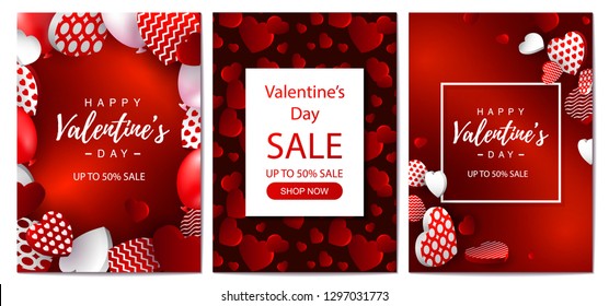 Set of Valentines day cards and sale banners. Valentines day design for banners, flyers, newsletters, postcards. Space for text. Vector illustration.