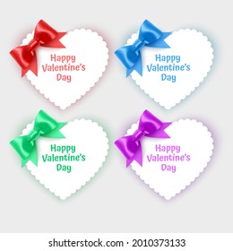 Set of valentine's day cards in the shape of a heart decorated with realistic bows of bright colors