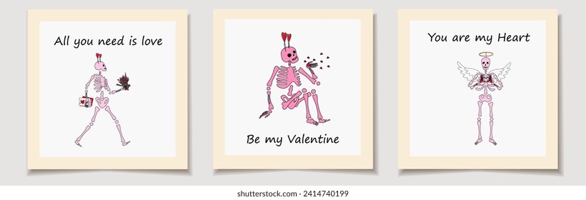 Set of Valentine's day cards with Skeleton with decor for Valentine's day. Love, Valentine's Day	