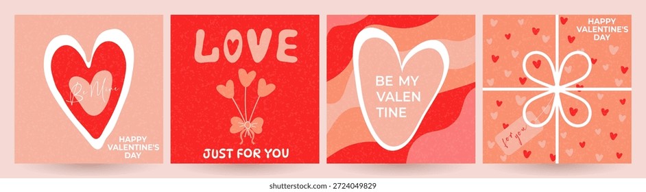 Un conjunto de tarjetas de San Valentín. Diseño elegante. Tarjetas de felicitación con corazones románticos e inscripciones de amor. Plantillas para publicidad, Anuncios, portadas, carteles, ventas, branding. Vector.