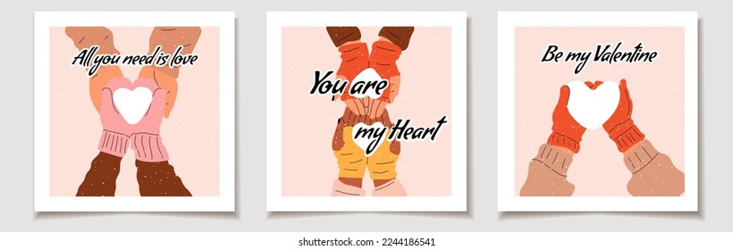 Set of Valentine's day cards with Set of three Hands in mittens hold a heart made of snow. Love, Valentine's Day.	