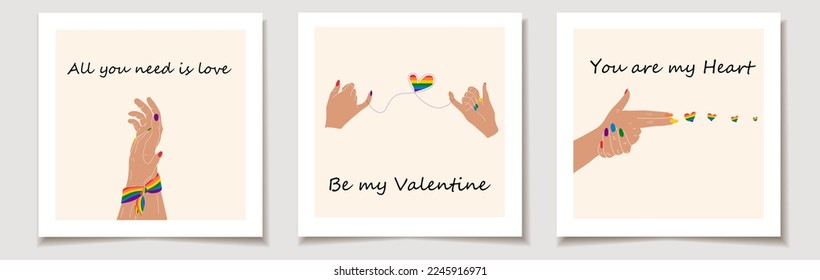 Set of Valentine's day cards with Set of three Hands showing lgbt heart. Love, Valentine's Day.