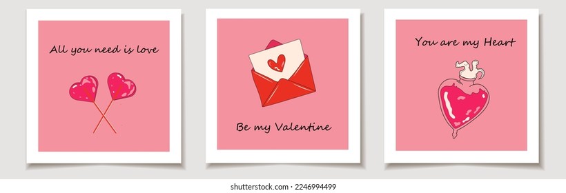 Set of Valentine's day cards with Set of three  cute vector love stickers: lollipops,  envelope,poison. Love, Valentine's Day.
