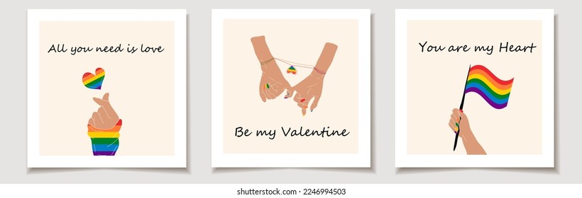 Set of Valentine's day cards with Set of three Hands showing lgbt heart. Love, Valentine's Day.