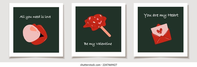 Juego de tarjetas del día de San Valentín con un juego de tres lindos stickers de amor vectorial en el fondo oscuro: lópops, sobre, labios. Amor, Día de San Valentín.