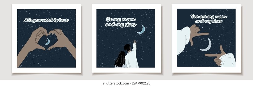 Set of Valentine's day cards with Set of three Hands show heart on moonlit night. Romantic vector illustration with hand gesture silhouette on starry background.  Love, Valentine's Day.	