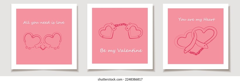 Set of Valentine's day cards with Set of three Heart shaped handcuffs silhouette icon. Love, Valentine's Day.