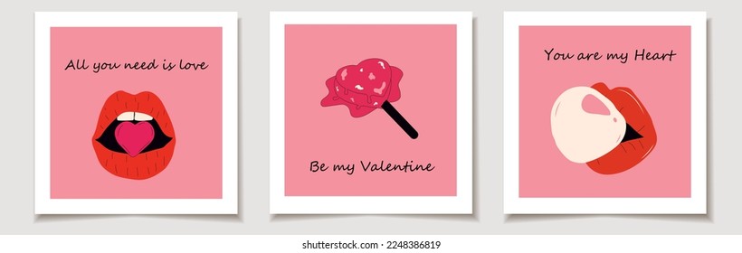 Juego de tarjetas de San Valentín con un juego de tres lindos stickers de amor vectorial: lollipops, boca, labios. Amor, Día de San Valentín.	