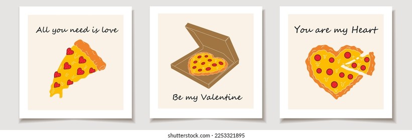 Juego de tarjetas de San Valentín con Juego de tres pizza en forma de corazón. Amor, Día de San Valentín.