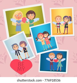 Set of valentines day cards vector illustration with happy people holding hands making photo giving flowers, red hearts cute wings, colorful backdrops