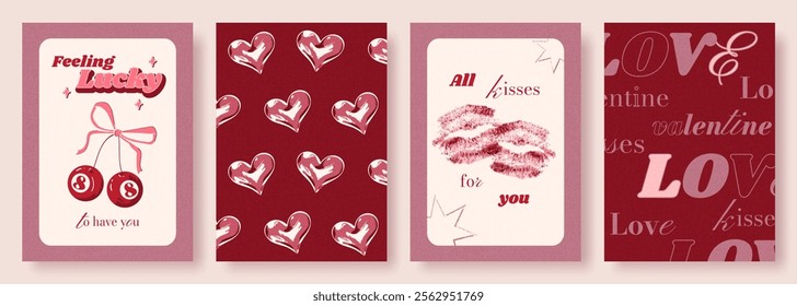 Set of Valentine's Day cards in vintage, retro style. Modern typography, chrome hearts pattern, kisses print, 8 ball cherries, ribbon bows. Trendy aesthetic templates, covers, banners, postcards.