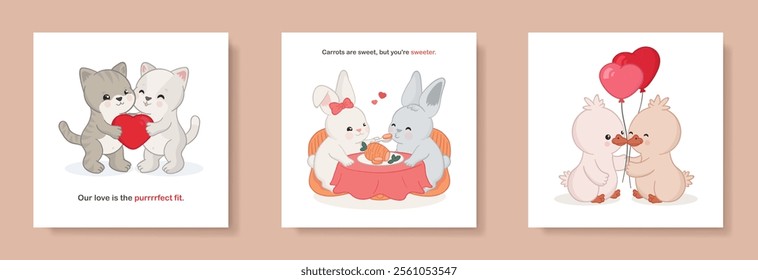 Set of Valentine's day cartoon greeting cards, banners with hand drawn characters - kawaii kitties, chubby bunnies and adorable ducklings. Romantic square posters with cute text on white background.