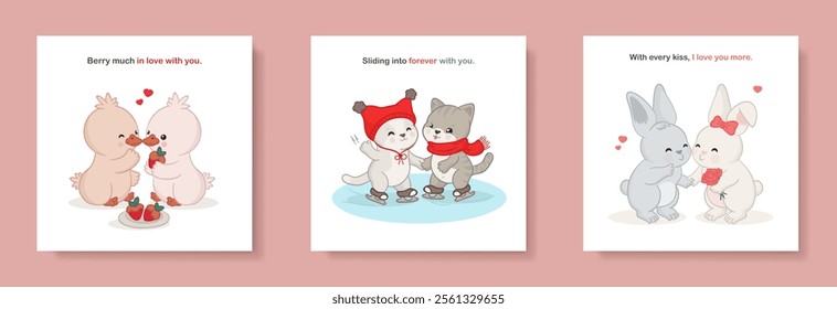 Set of Valentine's day cartoon greeting cards, banners with hand drawn characters - kawaii kitties, chubby bunnies and adorable ducklings. Romantic square posters with cute text on white background.