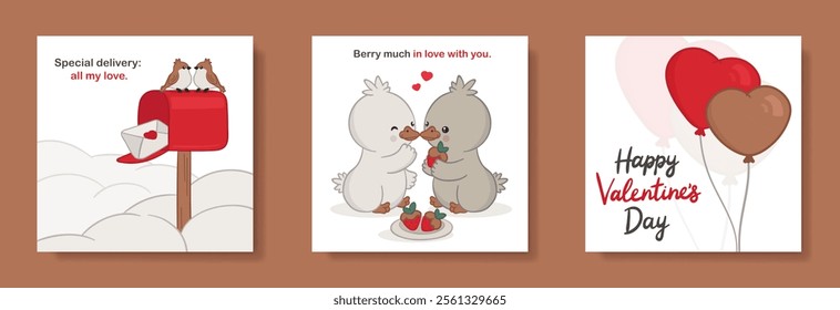 Set of Valentine's day cartoon greeting cards: cute ducklings eating chocolate-covered strawberries together; heart-shaped balloons; sparrows perch atop a mailbox with an open door with love letter