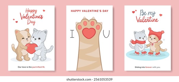 Set of Valentine's day cartoon hand drawn greeting cards, romantic posters with adorable kitties ice skating, kawaii cats holding a big red heart together, cute kitten's paw with text - I LOVE YOU