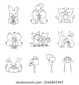 Set of Valentine's day cartoon hand-drawn outline romantic illustrations. Doodle kawaii cute kittens, adorable chubby bunnies, lovely ducklings, heart-shaped balloons, mailbox with a love letter, etc.