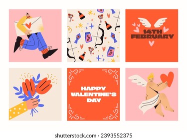 Set Valentines day cartoon retro posters in groovy style. Hippie acid 90s elements, hearts,flowers,cupid, characters, vector square psychedelic posters