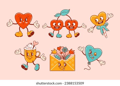 Set for Valentines Day. Characters in old retro cartoon style. Dancing funky-groovy cute hearts, a cup of coffee, a cherries in love, a lollipop, a congratulatory envelope with flowers, a balloon.