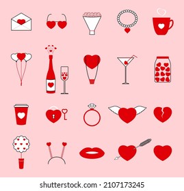 Set of Valentine's day clip arts. Beautiful romantic elements for decoration. Awesome bright icons. Flat vector illustration