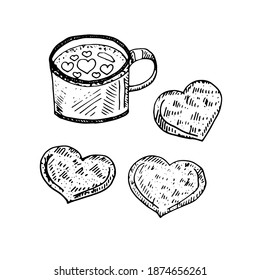 Set for Valentine's day, coffee and cookies in the shape of a heart, vector illustration, hand drawing