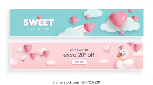 Set of Valentine's day concept backgrounds with swan, heart shape balloons and hot air balloon. Happy Valentines day vector sale banner, flyer, invitation, poster, background design