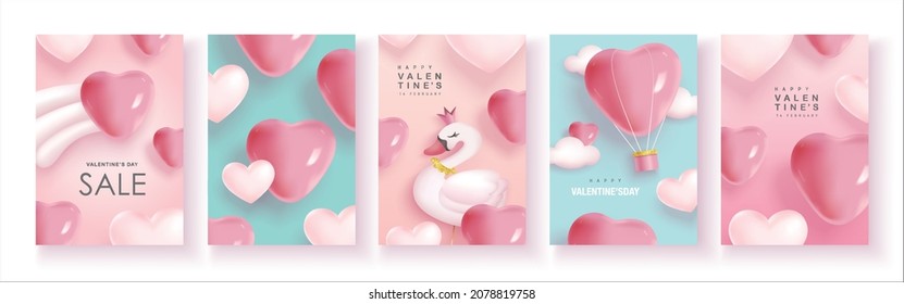 Set of Valentine's day concept backgrounds with swan, heart shape balloons and hot air balloon. Happy Valentines day vector sale banner, flyer, invitation, poster, background design