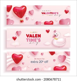 Set of Valentine's day concept backgrounds with swan, heart shape balloons and hot air balloon. Happy Valentines day vector sale banner, flyer, invitation, poster, background design