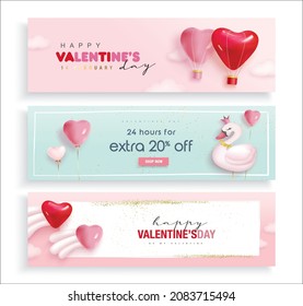 Set of Valentine's day concept backgrounds with swan, heart shape balloons and hot air balloon. Happy Valentines day vector sale banner, flyer, invitation, poster, background design