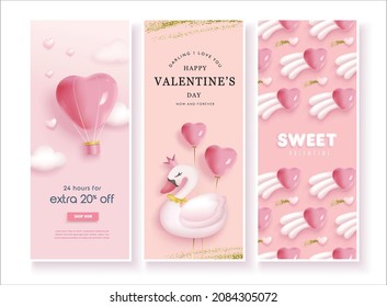 Set of Valentine's day concept backgrounds with swan, heart shape balloons and hot air balloon. Happy Valentines day vector sale banner, flyer, invitation, poster, background design