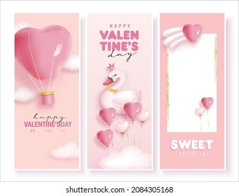 Conjunto de contextos de San Valentín con cisne, globos de forma cardíaca y globo de aire caliente. Feliz Día de San Valentín venta de vectores banner, volante, invitación, afiche, diseño de fondo