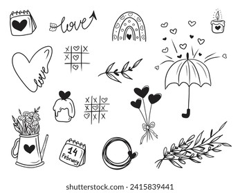 Set of Valentines day concept drawings - rainbow with hearts, calendar, 14th February, candle, continuous line heart, kettle with flowers, abstract branch with leaves, tic-tac-toe, umbrella rain
