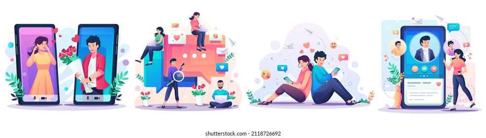 Set of Valentine's Day concept with romantic couple enjoying valentine's day. Online dating and social networking, virtual relationships concept flat style vector Illustration