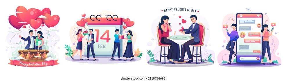 Set of Valentine's Day concept with a romantic couple enjoying valentine's day. a man giving a ring as a proposal at dinner. Online dating and virtual relationships. Flat style vector illustration