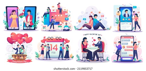 Set of Valentine's Day concept with romantic couple enjoying valentine's day. Online dating and social networking, virtual relationships concept flat style vector Illustration