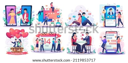 Set of Valentine's Day concept with romantic couple enjoying valentine's day. Online dating and social networking, virtual relationships concept flat style vector Illustration