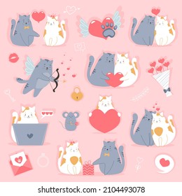 Set Of Valentine's Day. Couple Cats In Love. Hearts, Bouquet, Mouse, Gift And Other Cute Items. Vector Illustrations For Valentine's Day Concept, Greeting Cards, Stickers Etc.