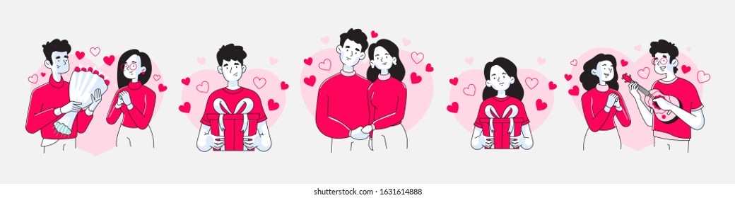 Set of valentine's day couple vector illustrations, husband and wife celebrating valentine's day together, man or boyfriend and woman or girlfriend holding present box, heart shapes on background