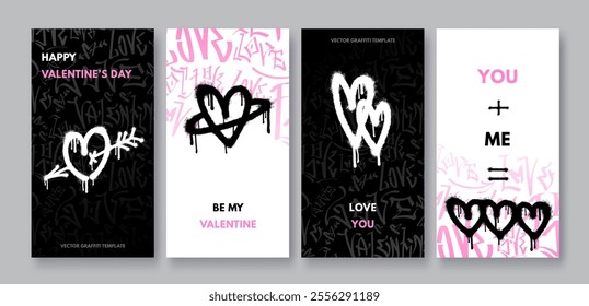 Set of valentines day covers, banners, greeting cards in graffiti style. Grunge hand drawn backgrounds, spray paint hearts, love symbols. Happy Valentines Day postcards, templates, social media, print