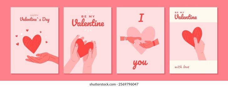 Set of Valentine`s Day cute card with hands holding heart. Illustrations of love, couple, heart. For postcard, card, congratulations, poster, brochures.