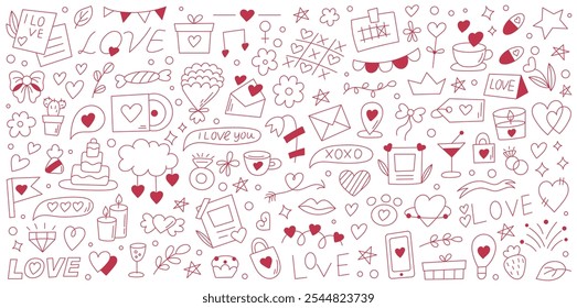 Conjunto de Valentines dia bonito elemento. Elementos sobre o amor. Feliz 14 de fevereiro. Corações, buquês, anel, reconhecimento, arcos.