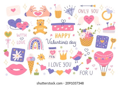 Fijar San Valentín con elementos decorativos, símbolos de amor, frases. Ilustración plana vectorial para pegatinas, postales.