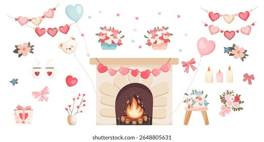 Conjunto de Elementos decorativos del día de San Valentín, aislados sobre fondo blanco