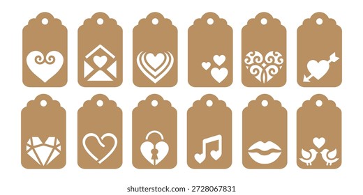 Conjunto de Dia dos Namorados decorativo etiqueta de presente formas cortar arquivos. Modelos de vetor com corações para cortar. Estêncil de etiqueta de casamento. Rótulo de papel ou cartão para embrulhar presentes